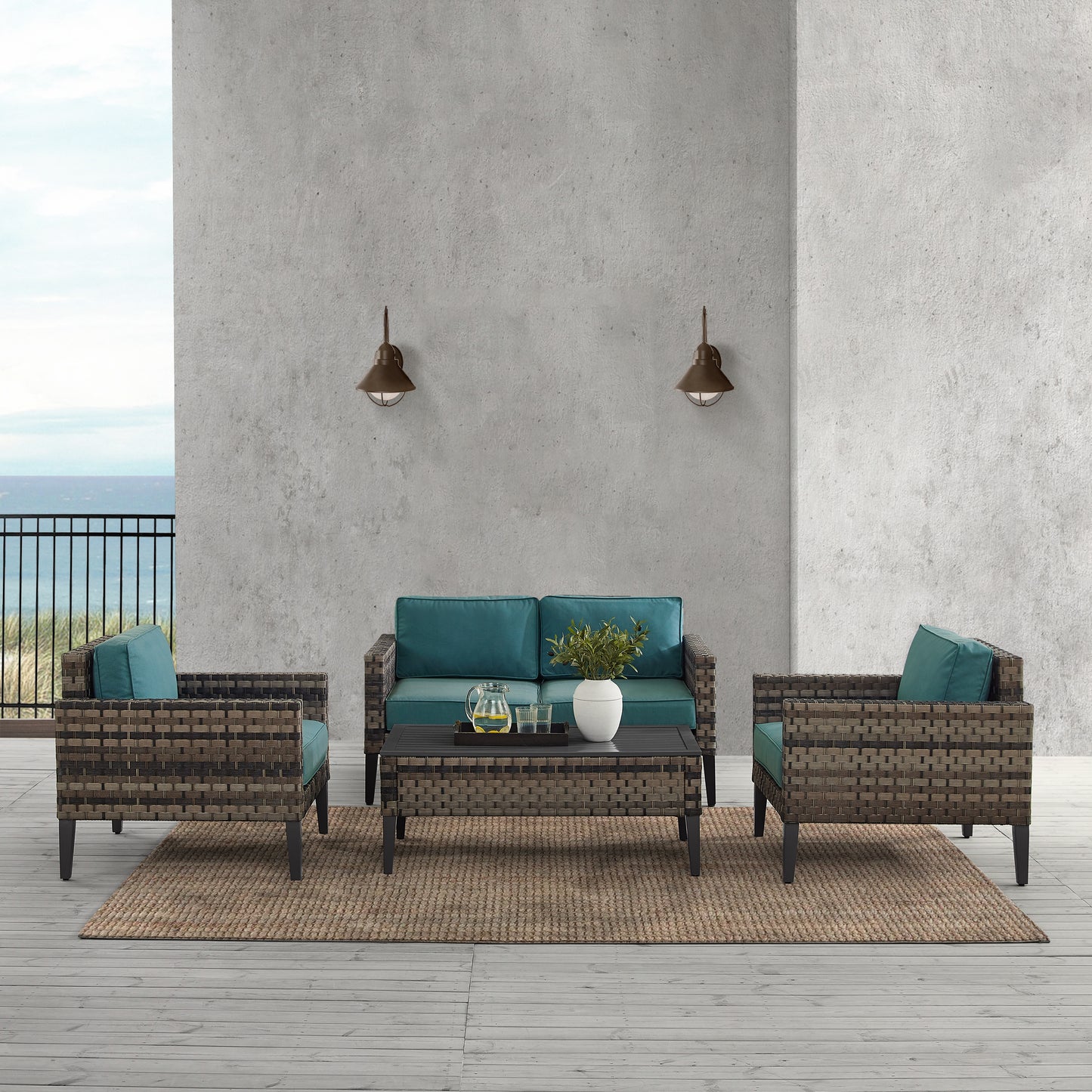 Prescott 4Pc Outdoor Wicker Conversation Set Mineral Blue/Brown - Loveseat, Coffee Table, & 2 Armchairs