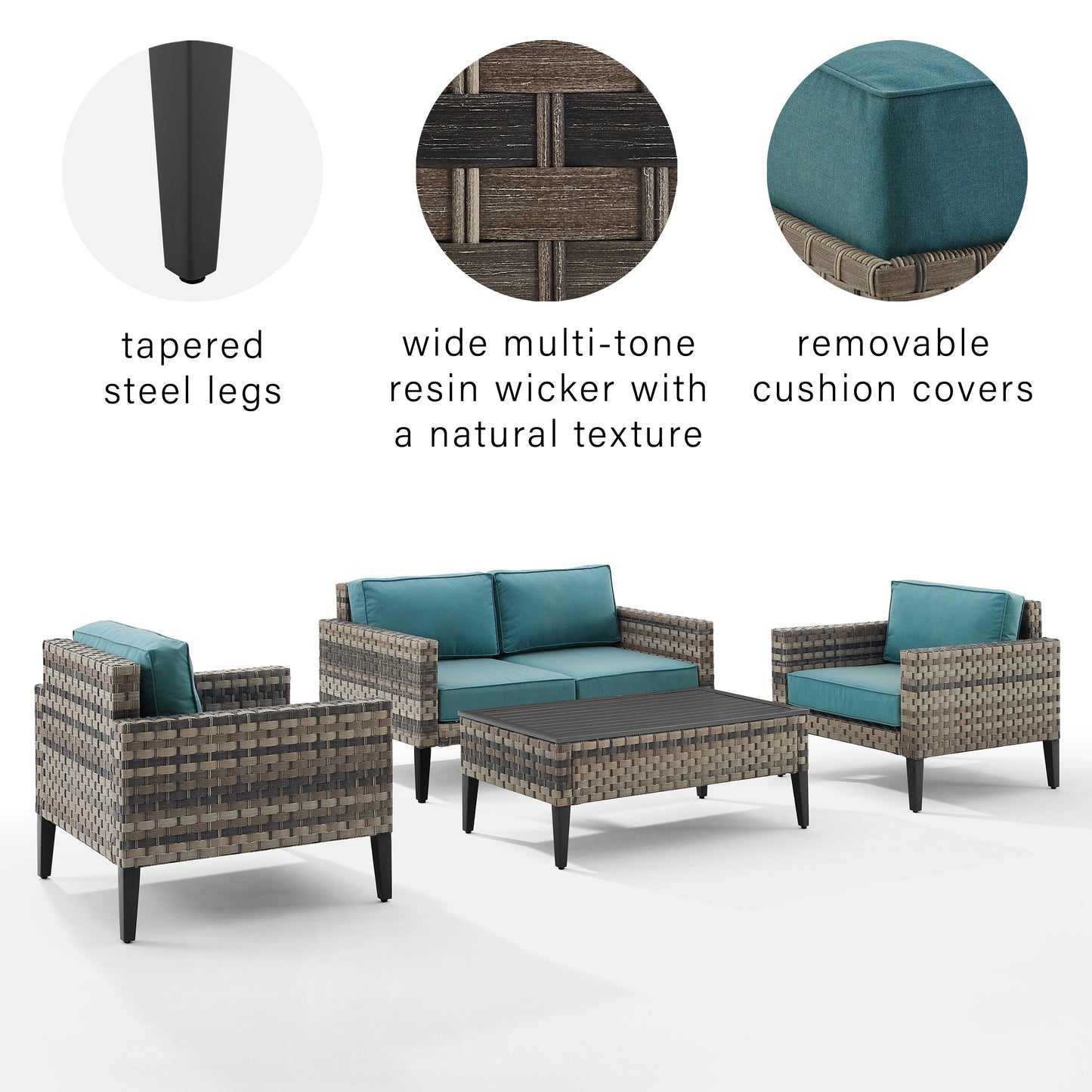 Prescott 4Pc Outdoor Wicker Conversation Set Mineral Blue/Brown - Loveseat, Coffee Table, & 2 Armchairs