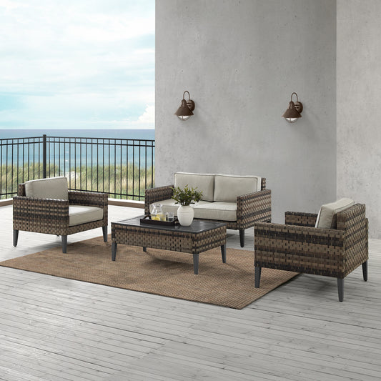 Prescott 4Pc Outdoor Wicker Conversation Set Taupe/Brown - Loveseat, Coffee Table, & 2 Armchairs