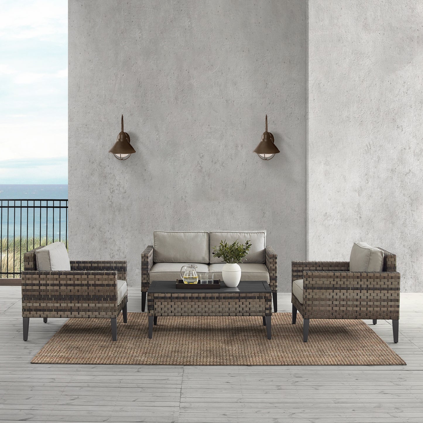 Prescott 4Pc Outdoor Wicker Conversation Set Taupe/Brown - Loveseat, Coffee Table, & 2 Armchairs