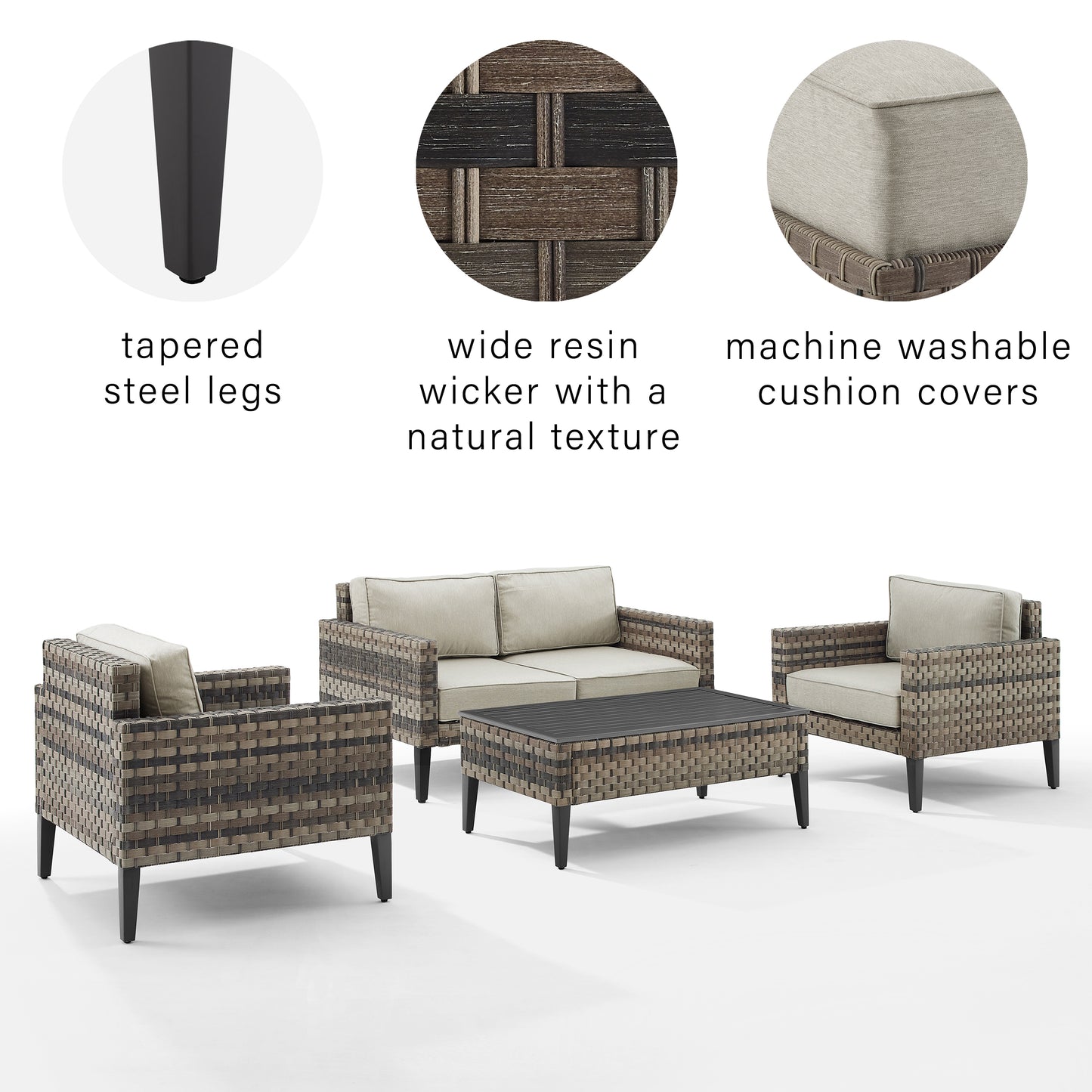 Prescott 4Pc Outdoor Wicker Conversation Set Taupe/Brown - Loveseat, Coffee Table, & 2 Armchairs