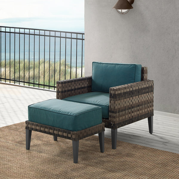 Prescott 2Pc Outdoor Wicker Armchair Set Mineral Blue/Brown - Armchair & Ottoman