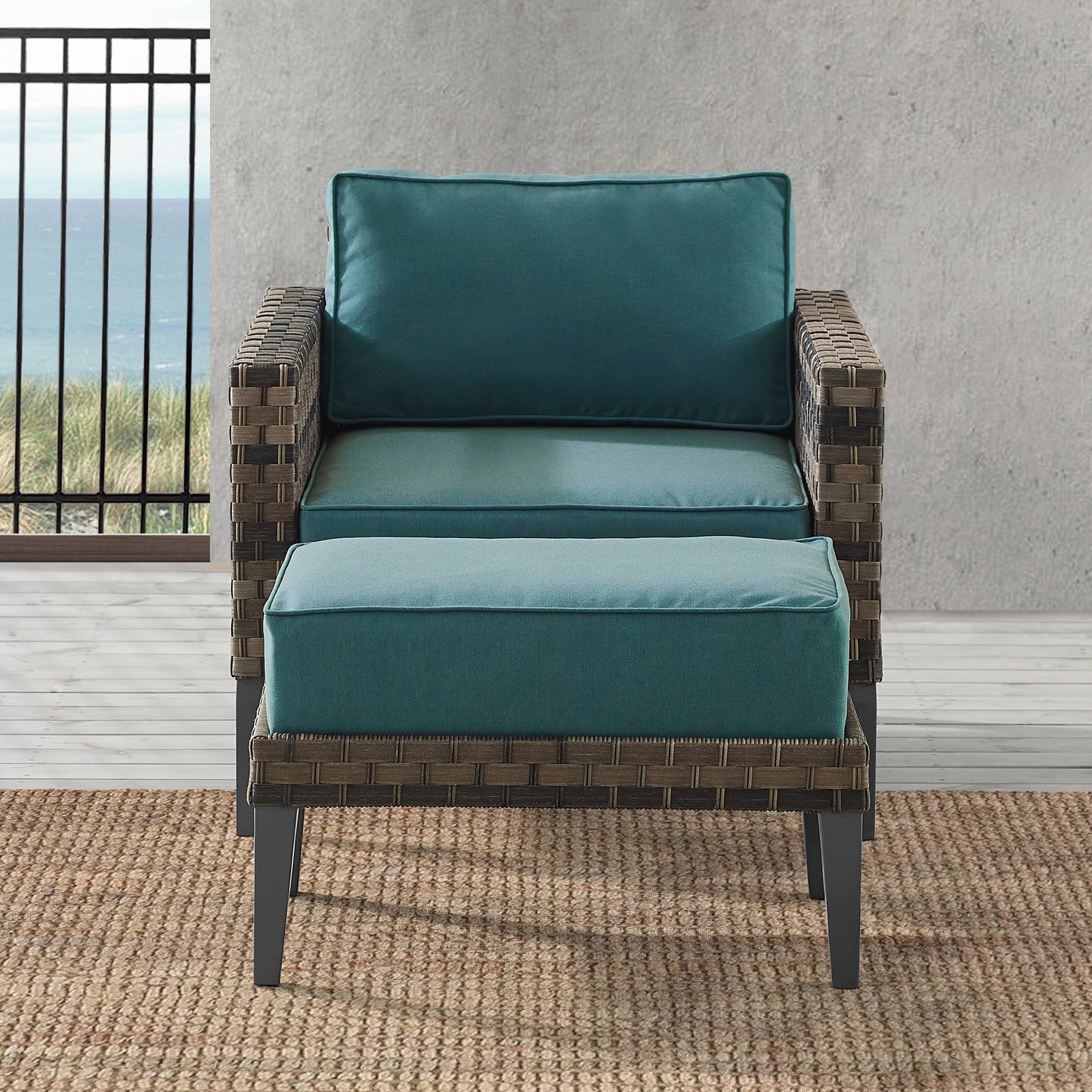 Prescott 2Pc Outdoor Wicker Armchair Set Mineral Blue/Brown - Armchair & Ottoman