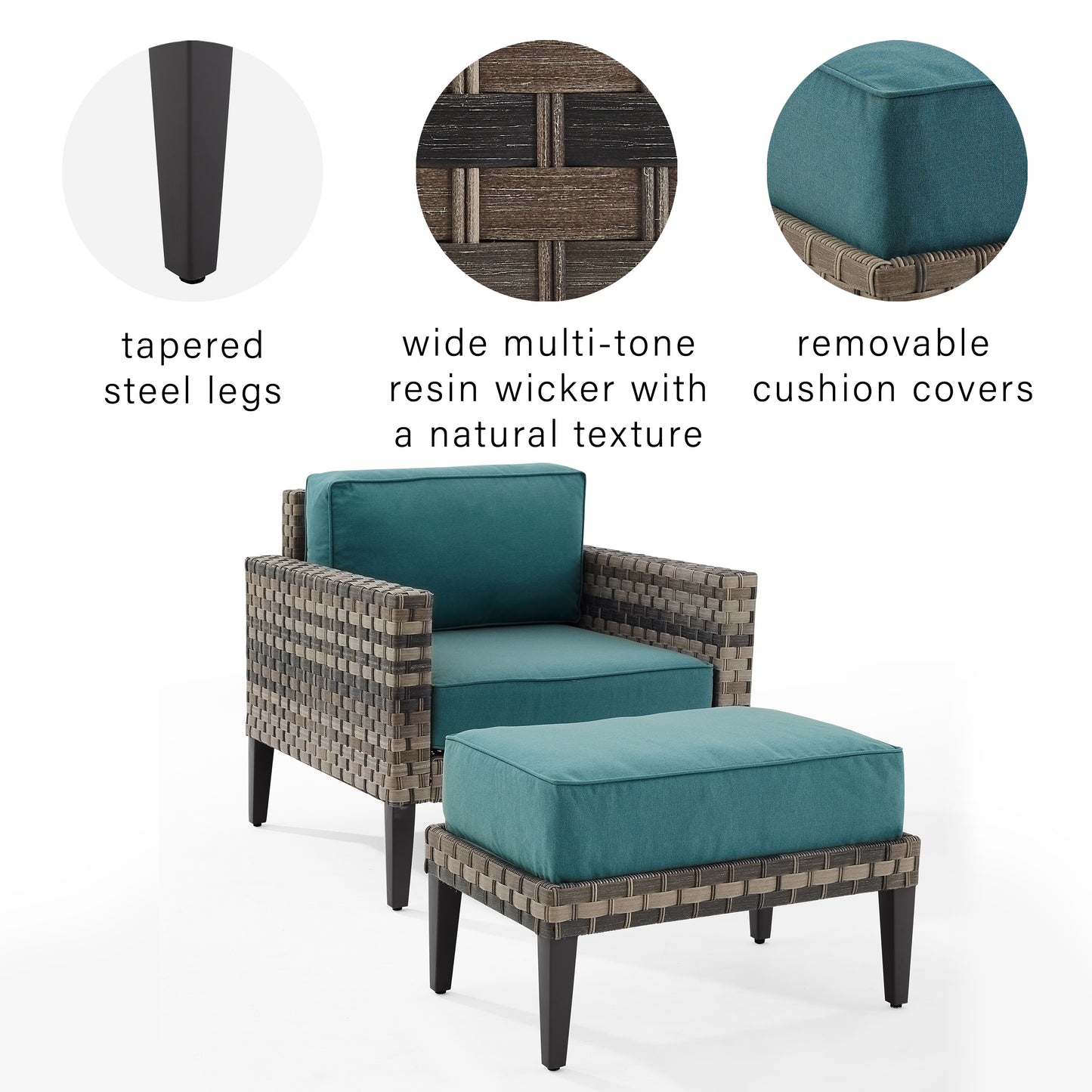 Prescott 2Pc Outdoor Wicker Armchair Set Mineral Blue/Brown - Armchair & Ottoman