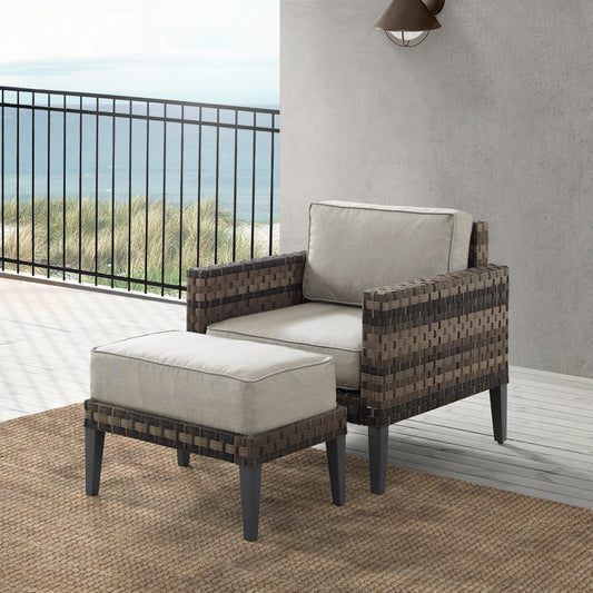 Prescott 2Pc Outdoor Wicker Armchair Set Taupe/Brown - Armchair & Ottoman