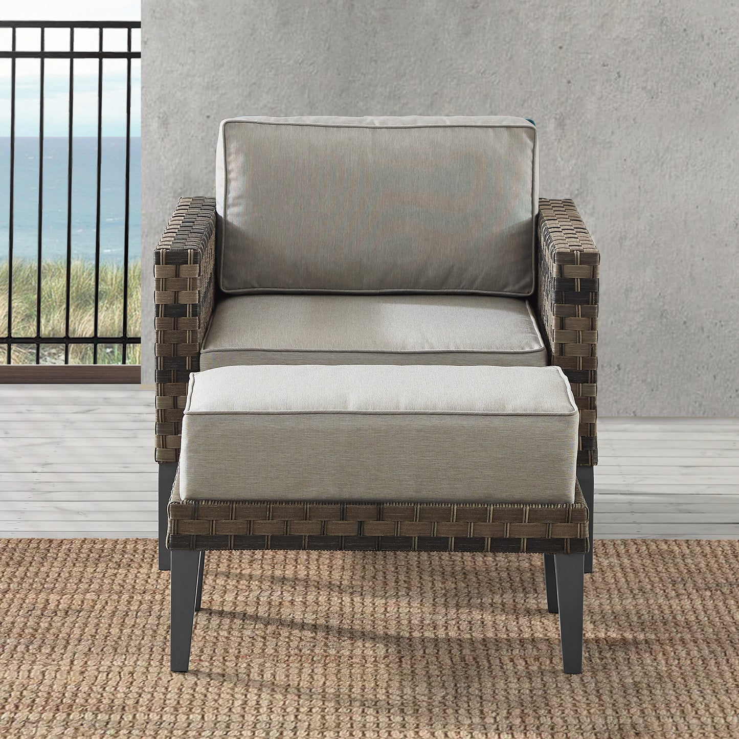 Prescott 2Pc Outdoor Wicker Armchair Set Taupe/Brown - Armchair & Ottoman