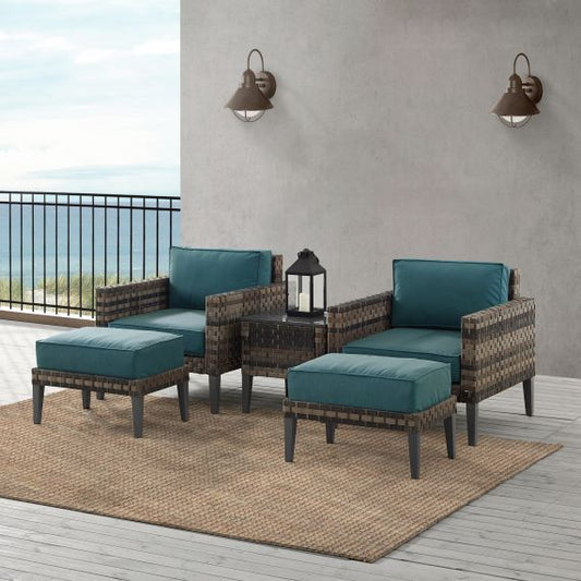 Prescott 5Pc Outdoor Wicker Armchair Set Mineral Blue/Brown - Side Table, 2 Armchairs, & 2 Ottomans