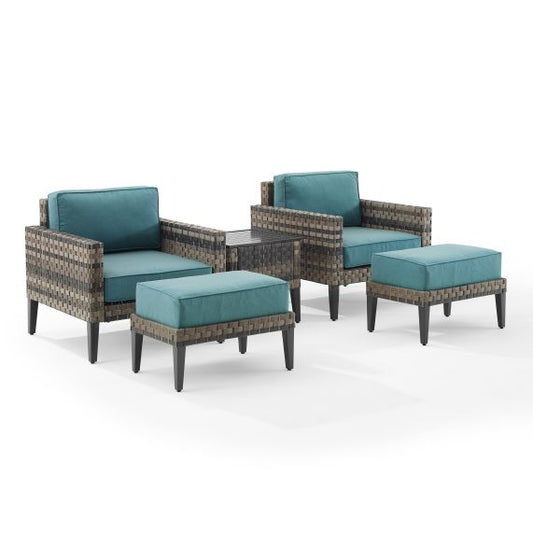 Prescott 5Pc Outdoor Wicker Armchair Set Mineral Blue/Brown - Side Table, 2 Armchairs, & 2 Ottomans