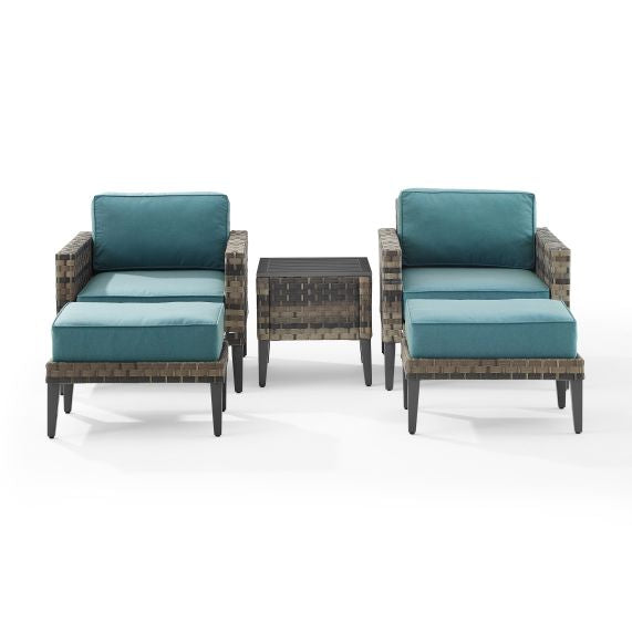 Prescott 5Pc Outdoor Wicker Armchair Set Mineral Blue/Brown - Side Table, 2 Armchairs, & 2 Ottomans