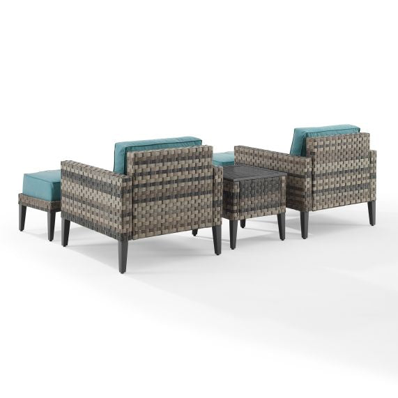 Prescott 5Pc Outdoor Wicker Armchair Set Mineral Blue/Brown - Side Table, 2 Armchairs, & 2 Ottomans