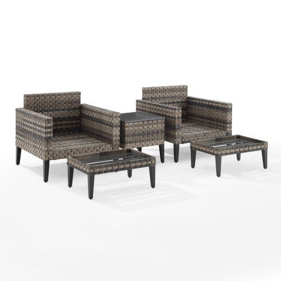 Prescott 5Pc Outdoor Wicker Armchair Set Mineral Blue/Brown - Side Table, 2 Armchairs, & 2 Ottomans