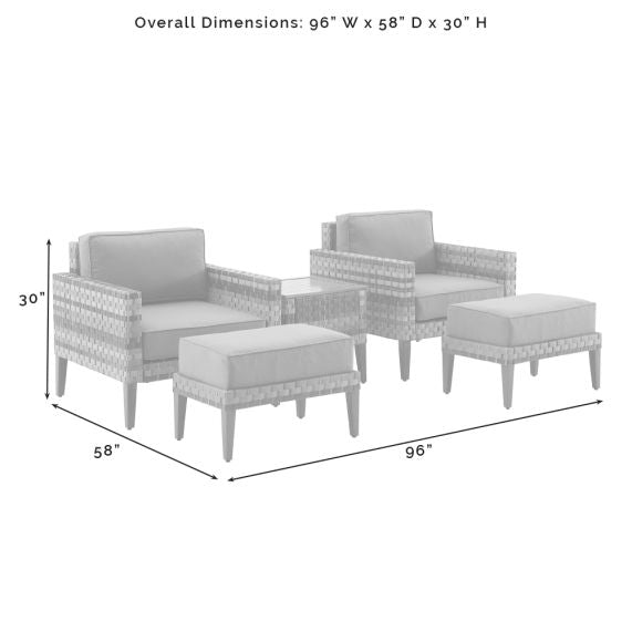 Prescott 5Pc Outdoor Wicker Armchair Set Mineral Blue/Brown - Side Table, 2 Armchairs, & 2 Ottomans