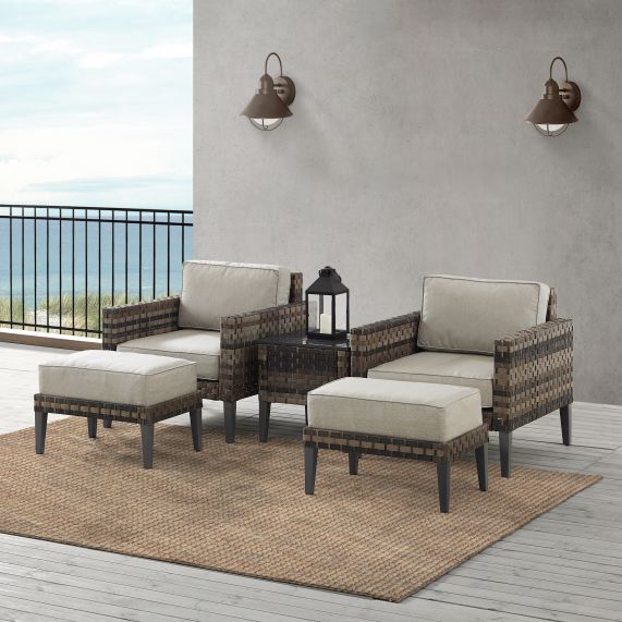 Prescott 5Pc Outdoor Wicker Armchair Set Taupe/Brown - Side Table, 2 Armchairs, & 2 Ottomans