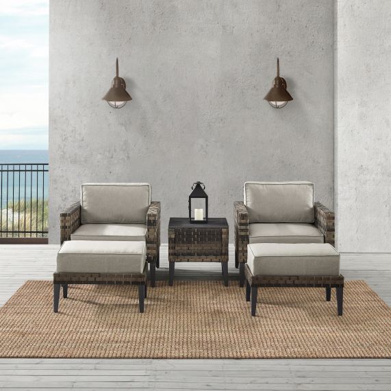 Prescott 5Pc Outdoor Wicker Armchair Set Taupe/Brown - Side Table, 2 Armchairs, & 2 Ottomans