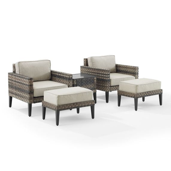 Prescott 5Pc Outdoor Wicker Armchair Set Taupe/Brown - Side Table, 2 Armchairs, & 2 Ottomans