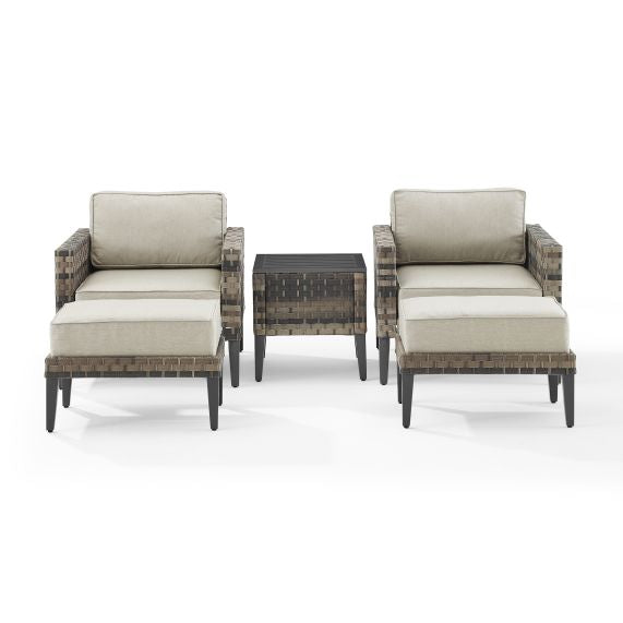 Prescott 5Pc Outdoor Wicker Armchair Set Taupe/Brown - Side Table, 2 Armchairs, & 2 Ottomans