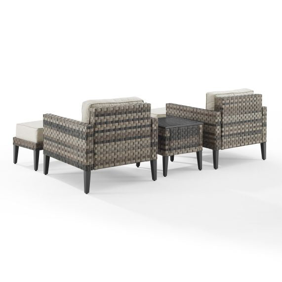 Prescott 5Pc Outdoor Wicker Armchair Set Taupe/Brown - Side Table, 2 Armchairs, & 2 Ottomans