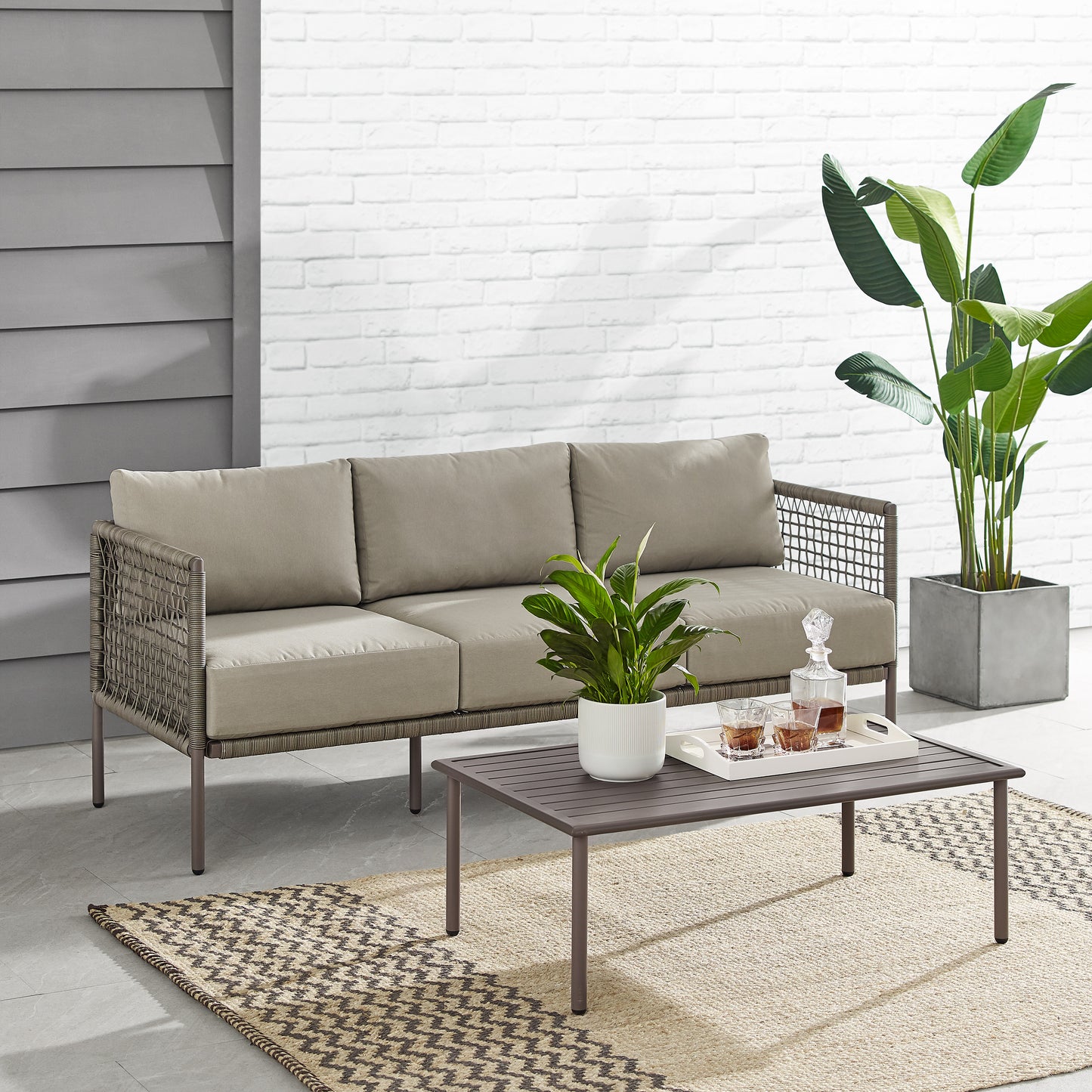 Cali Bay 2Pc Outdoor Wicker And Metal Sofa Set Taupe/Light Brown - Sofa & Coffee Table