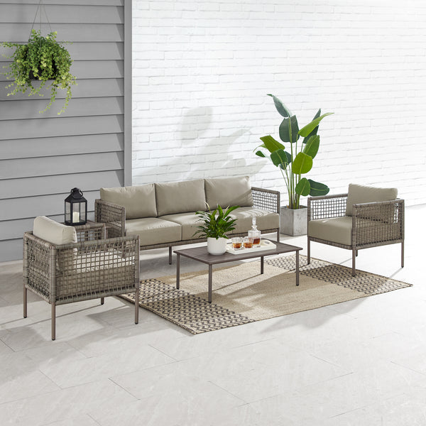 Cali Bay 5Pc Outdoor Wicker And Metal Sofa Set Taupe/Light Brown - Sofa, Coffee Table, Side Table, & 2 Armchairs