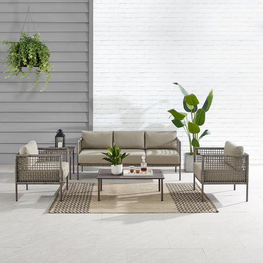 Cali Bay 5Pc Outdoor Wicker And Metal Sofa Set Taupe/Light Brown - Sofa, Coffee Table, Side Table, & 2 Armchairs