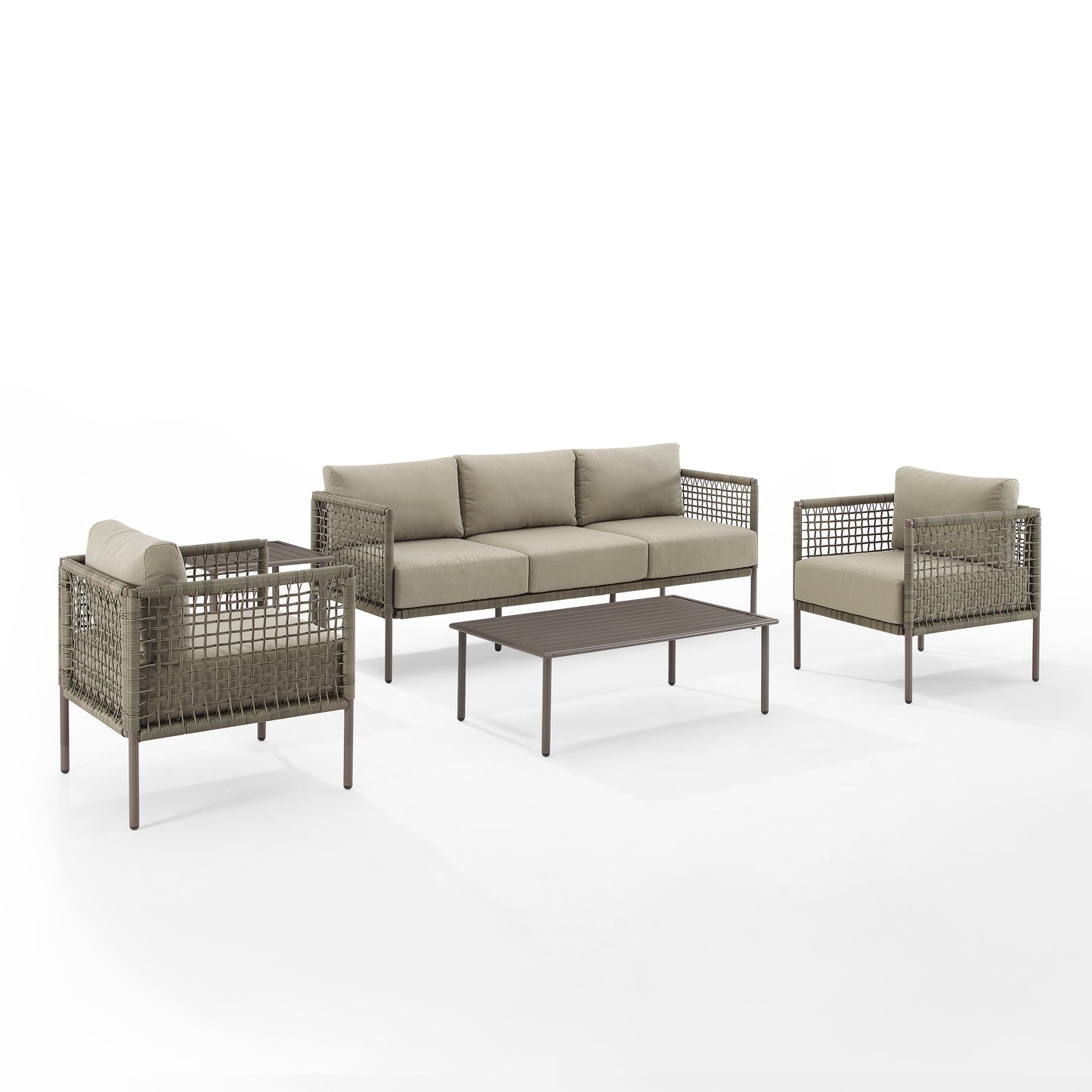 Cali Bay 5Pc Outdoor Wicker And Metal Sofa Set Taupe/Light Brown - Sofa, Coffee Table, Side Table, & 2 Armchairs