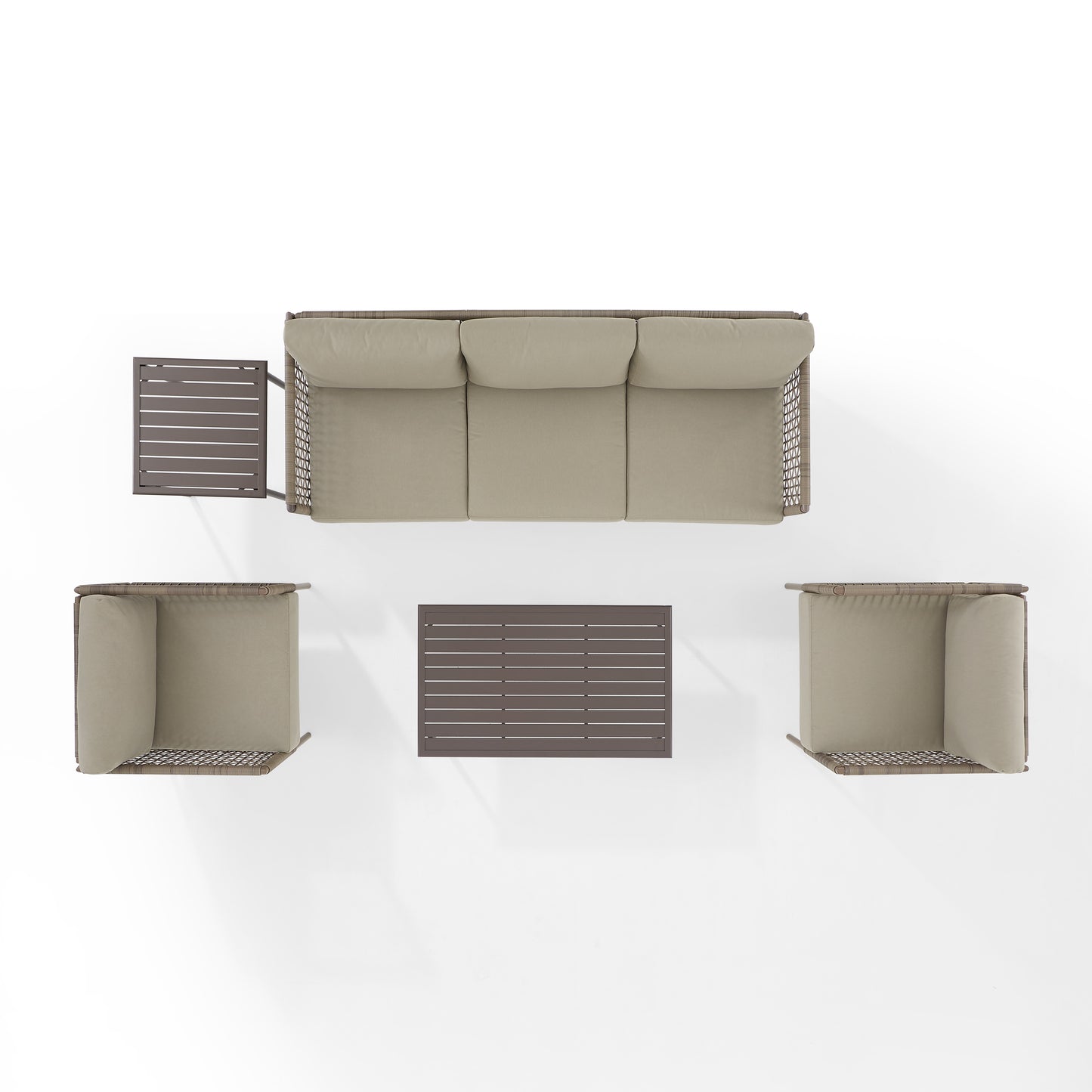 Cali Bay 5Pc Outdoor Wicker And Metal Sofa Set Taupe/Light Brown - Sofa, Coffee Table, Side Table, & 2 Armchairs