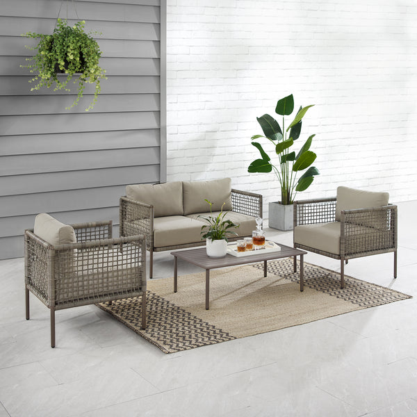 Cali Bay 4Pc Outdoor Wicker And Metal Conversation Set Taupe/Light Brown - Loveseat, Coffee Table, & 2 Armchairs