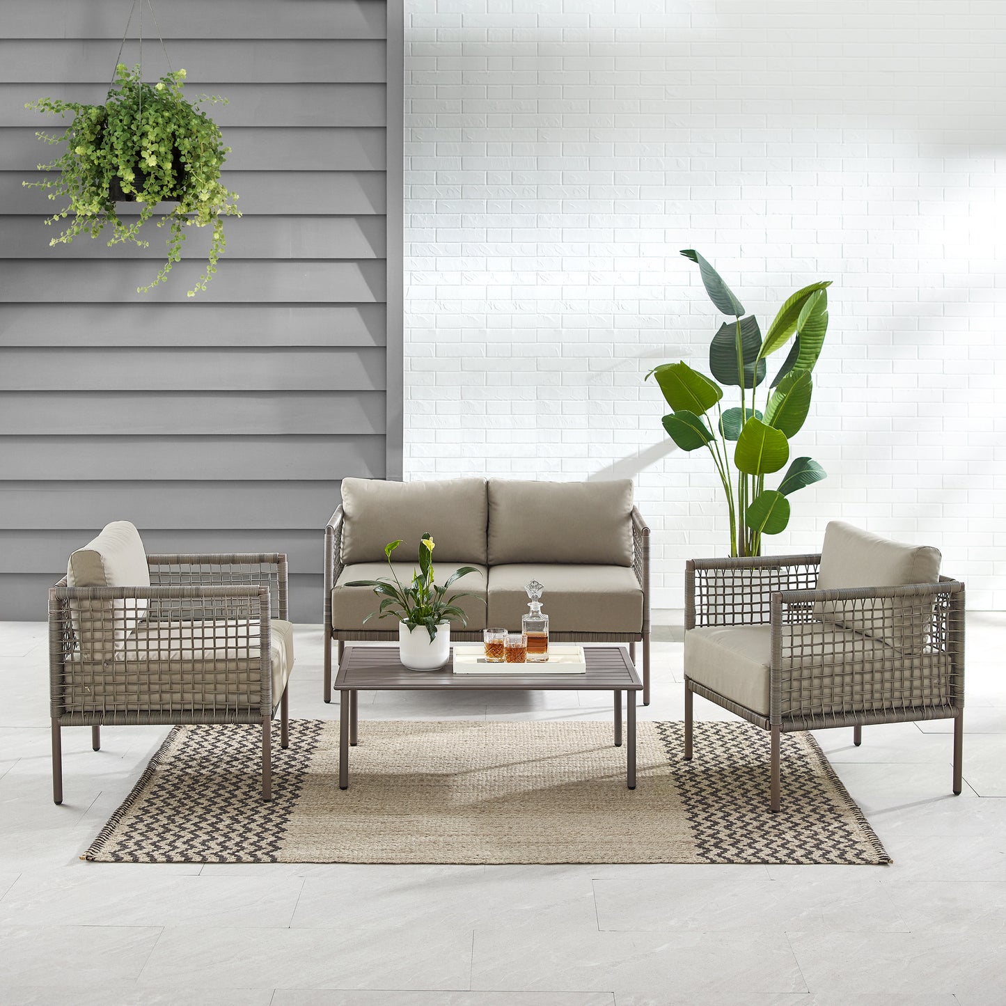 Cali Bay 4Pc Outdoor Wicker And Metal Conversation Set Taupe/Light Brown - Loveseat, Coffee Table, & 2 Armchairs