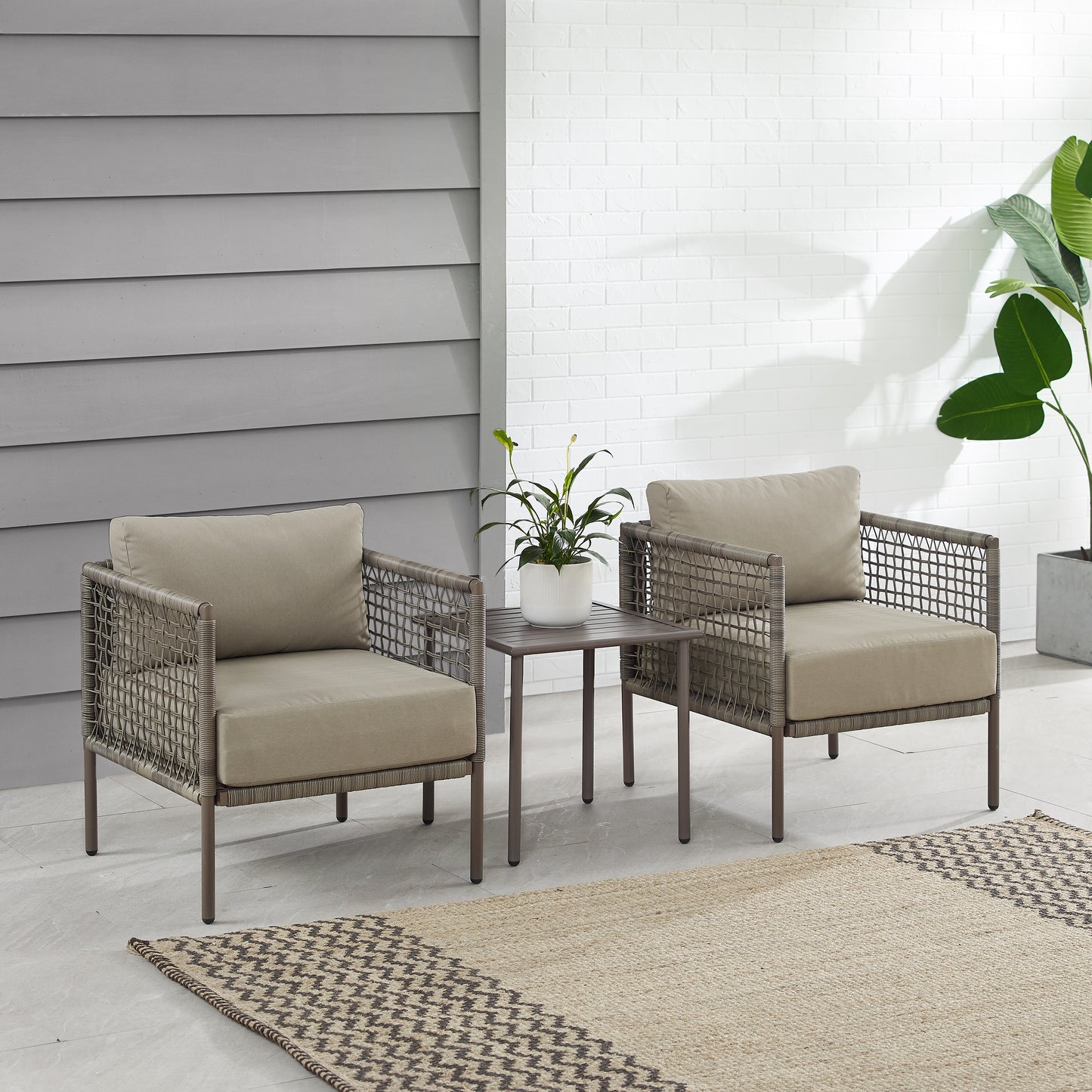 Cali Bay 3Pc Outdoor Wicker And Metal Chair Set Taupe/Light Brown - Side Table & 2 Armchairs