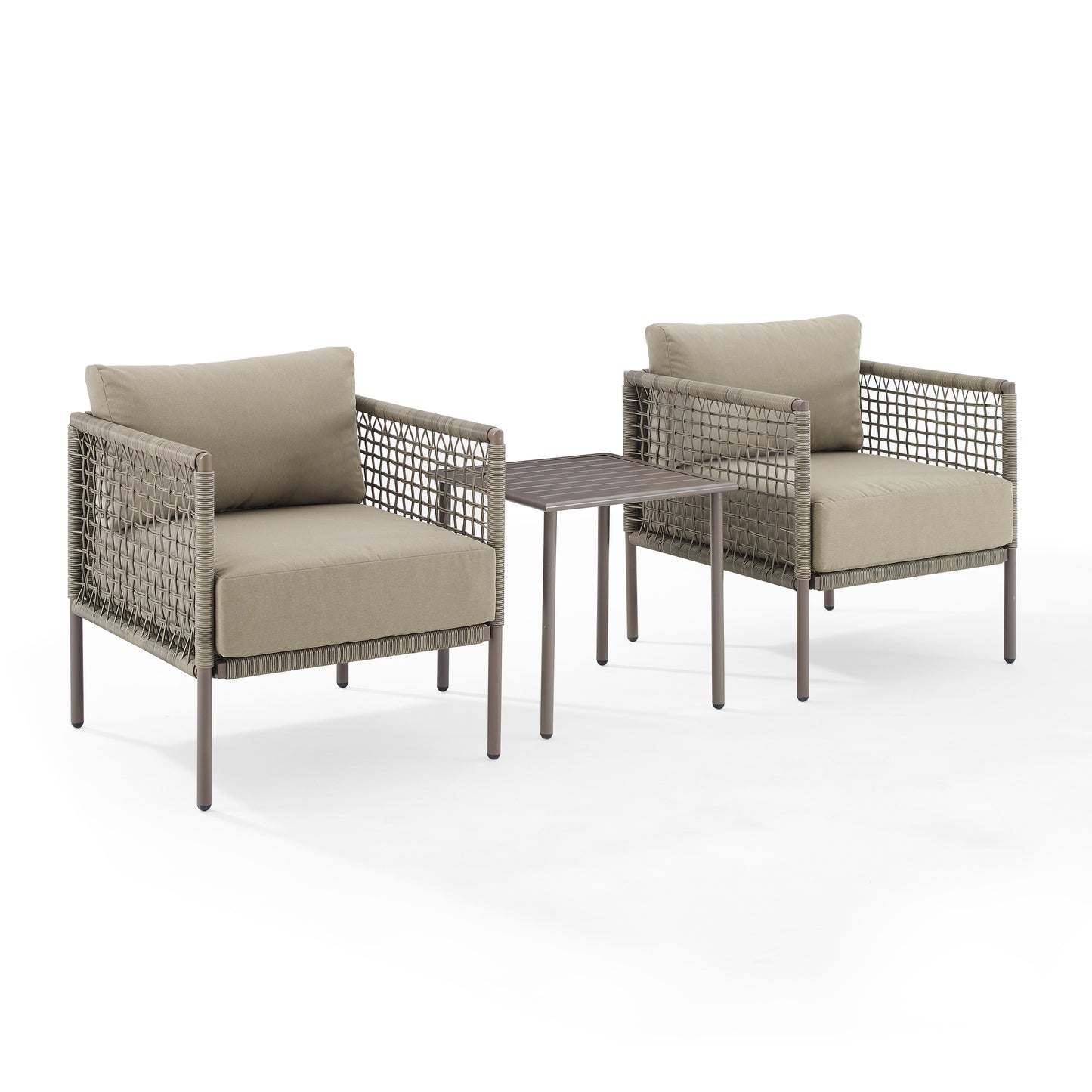 Cali Bay 3Pc Outdoor Wicker And Metal Chair Set Taupe/Light Brown - Side Table & 2 Armchairs