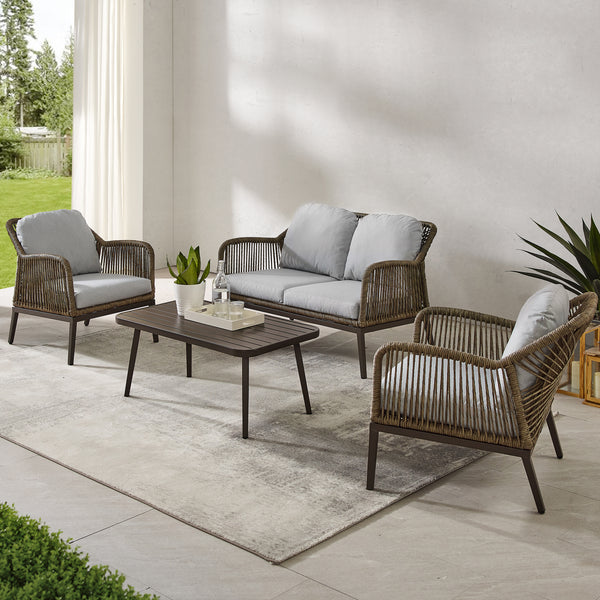 Haven 4Pc Outdoor Wicker Conversation Set Light Gray/Light Brown - Loveseat, Coffee Table, & 2 Armchairs