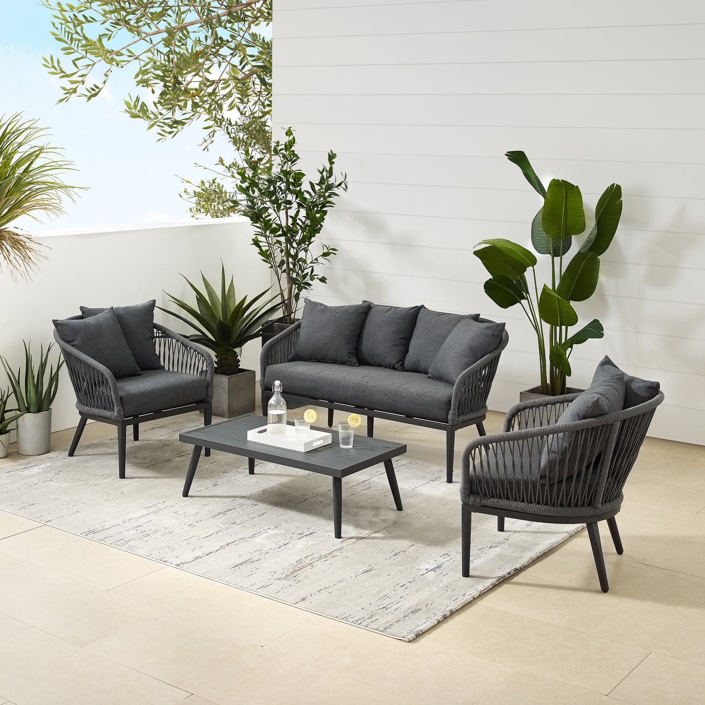 Dover 4Pc Outdoor Rope Conversation Set Charcoal/Matte Black - Loveseat, Coffee Table, & 2 Armchairs