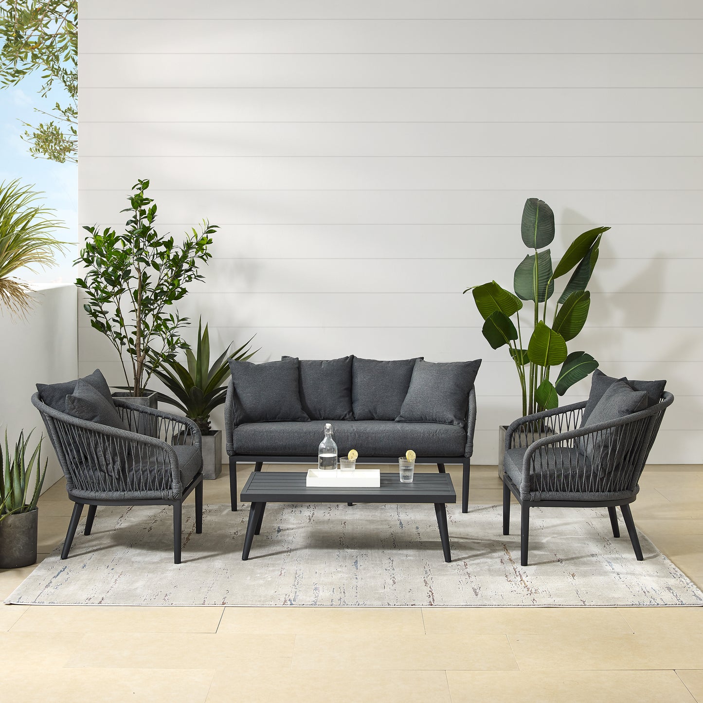 Dover 4Pc Outdoor Rope Conversation Set Charcoal/Matte Black - Loveseat, Coffee Table, & 2 Armchairs