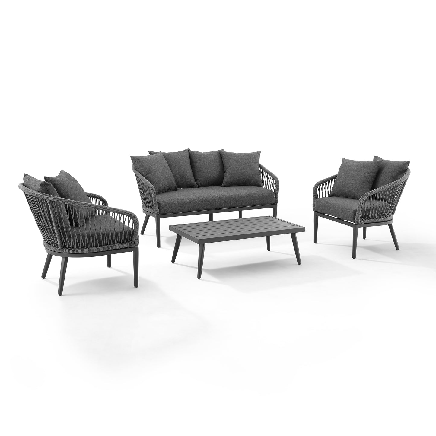 Dover 4Pc Outdoor Rope Conversation Set Charcoal/Matte Black - Loveseat, Coffee Table, & 2 Armchairs