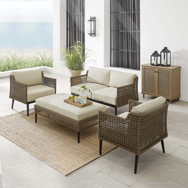 Southwick 4Pc Outdoor Wicker Conversation Set Creme/ Light Brown - Loveseat, Coffee Table Ottoman, & 2 Armchairs