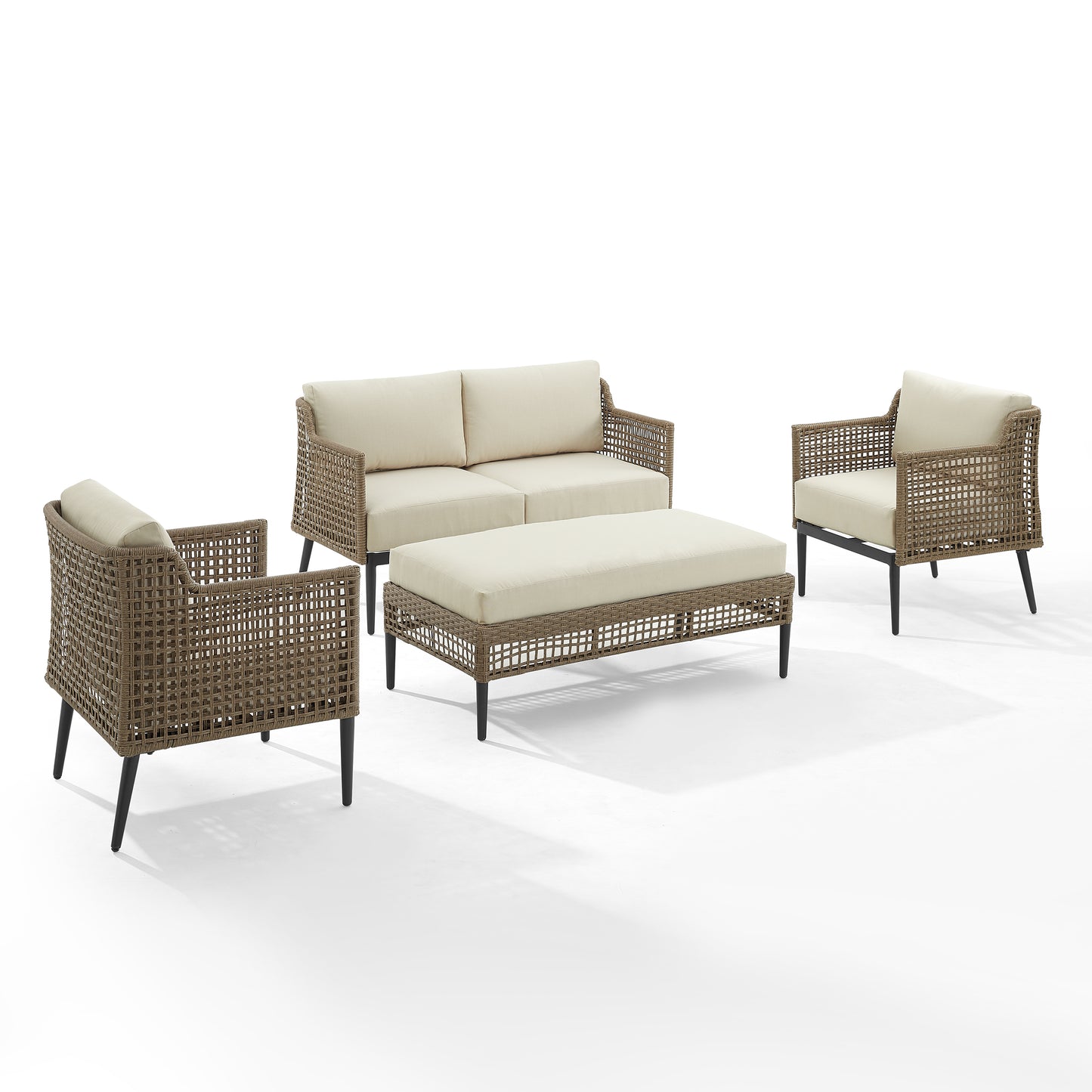 Southwick 4Pc Outdoor Wicker Conversation Set Creme/ Light Brown - Loveseat, Coffee Table Ottoman, & 2 Armchairs