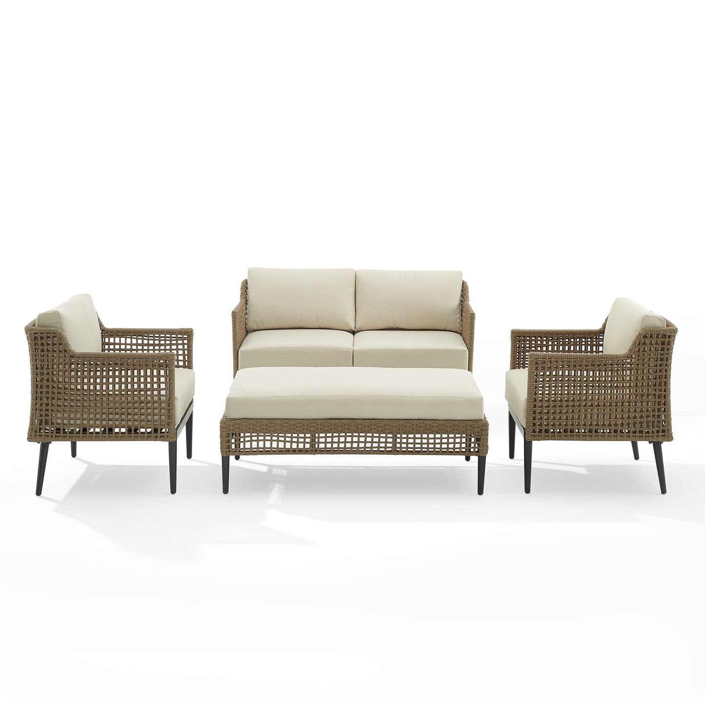 Southwick 4Pc Outdoor Wicker Conversation Set Creme/ Light Brown - Loveseat, Coffee Table Ottoman, & 2 Armchairs