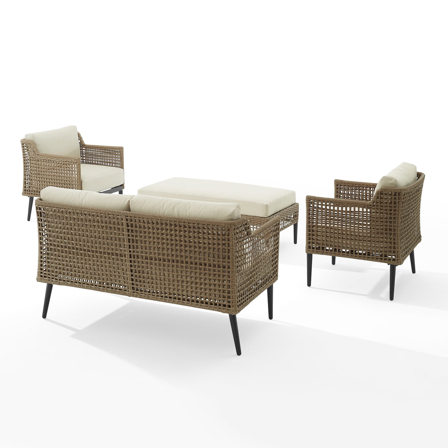 Southwick 4Pc Outdoor Wicker Conversation Set Creme/ Light Brown - Loveseat, Coffee Table Ottoman, & 2 Armchairs