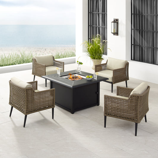 Southwick 5Pc Outdoor Wicker Conversation Set W/Fire Table Creme/Light Brown - Dante Fire Table & 4 Armchairs