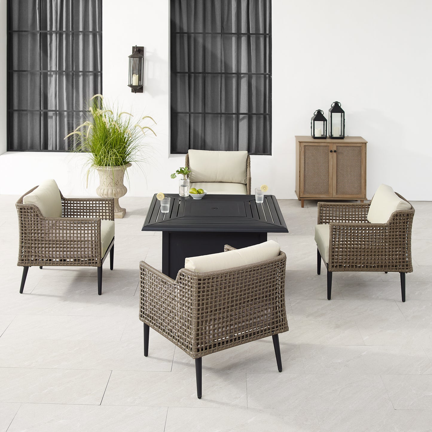 Southwick 5Pc Outdoor Wicker Conversation Set W/Fire Table Creme/Light Brown - Dante Fire Table & 4 Armchairs