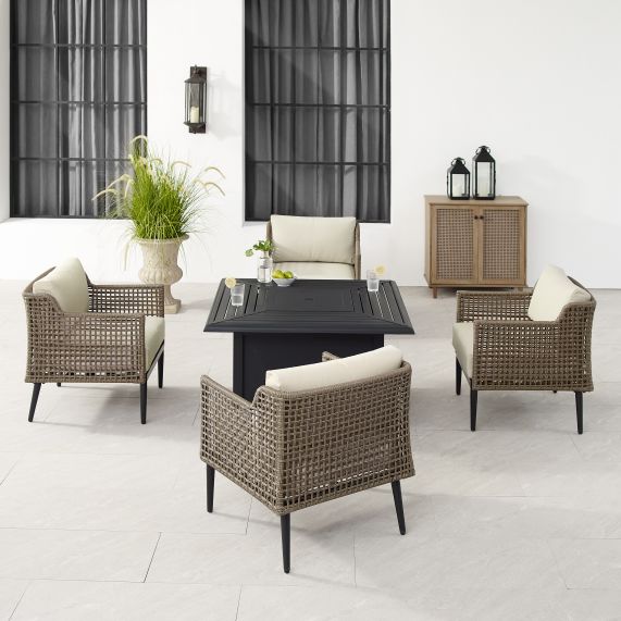 Southwick 5Pc Outdoor Wicker Conversation Set W/Fire Table Creme/Light Brown - Dante Fire Table & 4 Armchairs