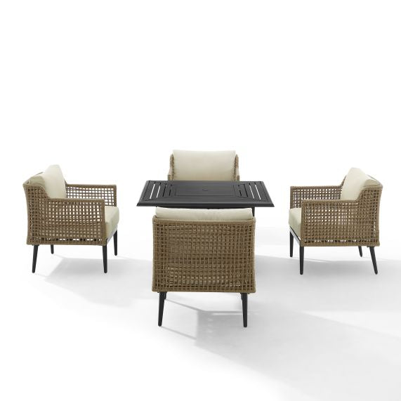 Southwick 5Pc Outdoor Wicker Conversation Set W/Fire Table Creme/Light Brown - Dante Fire Table & 4 Armchairs