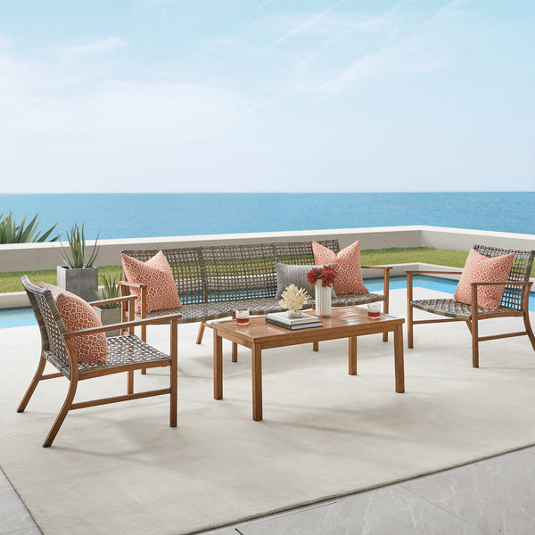 Ridley 4Pc Outdoor Wicker And Metal Sofa Set Distressed Gray/Brown - Sofa, Coffee Table, & 2 Armchairs