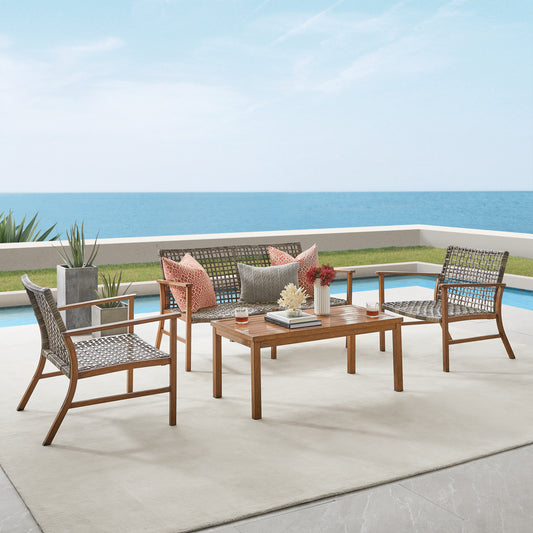 Ridley 4Pc Outdoor Wicker And Metal Conversation Set Distressed Gray/Brown - Loveseat, Coffee Table, & 2 Armchairs