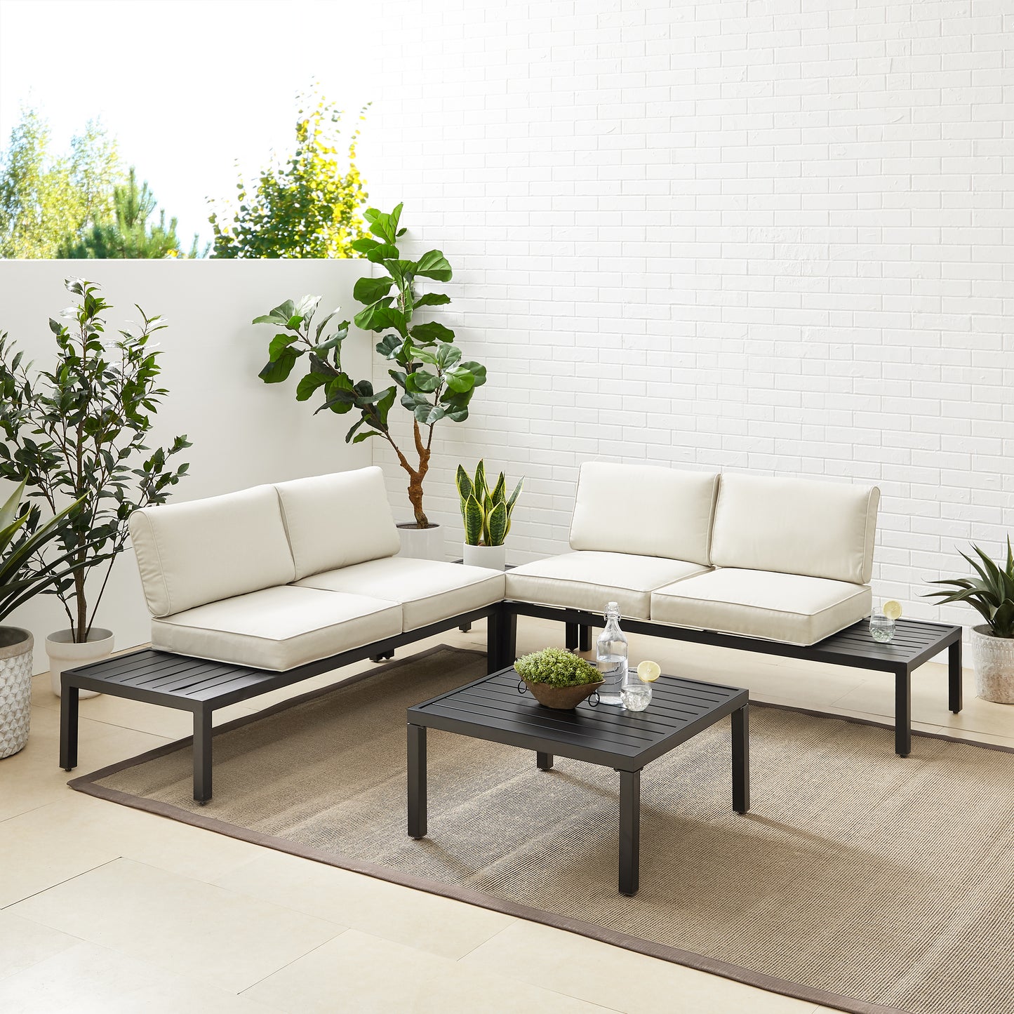 Piermont 4Pc Outdoor Metal Sectional Set Creme/Matte Black - Left Side Loveseat, Right Side Loveseat, Coffee Table & Corner Side Table