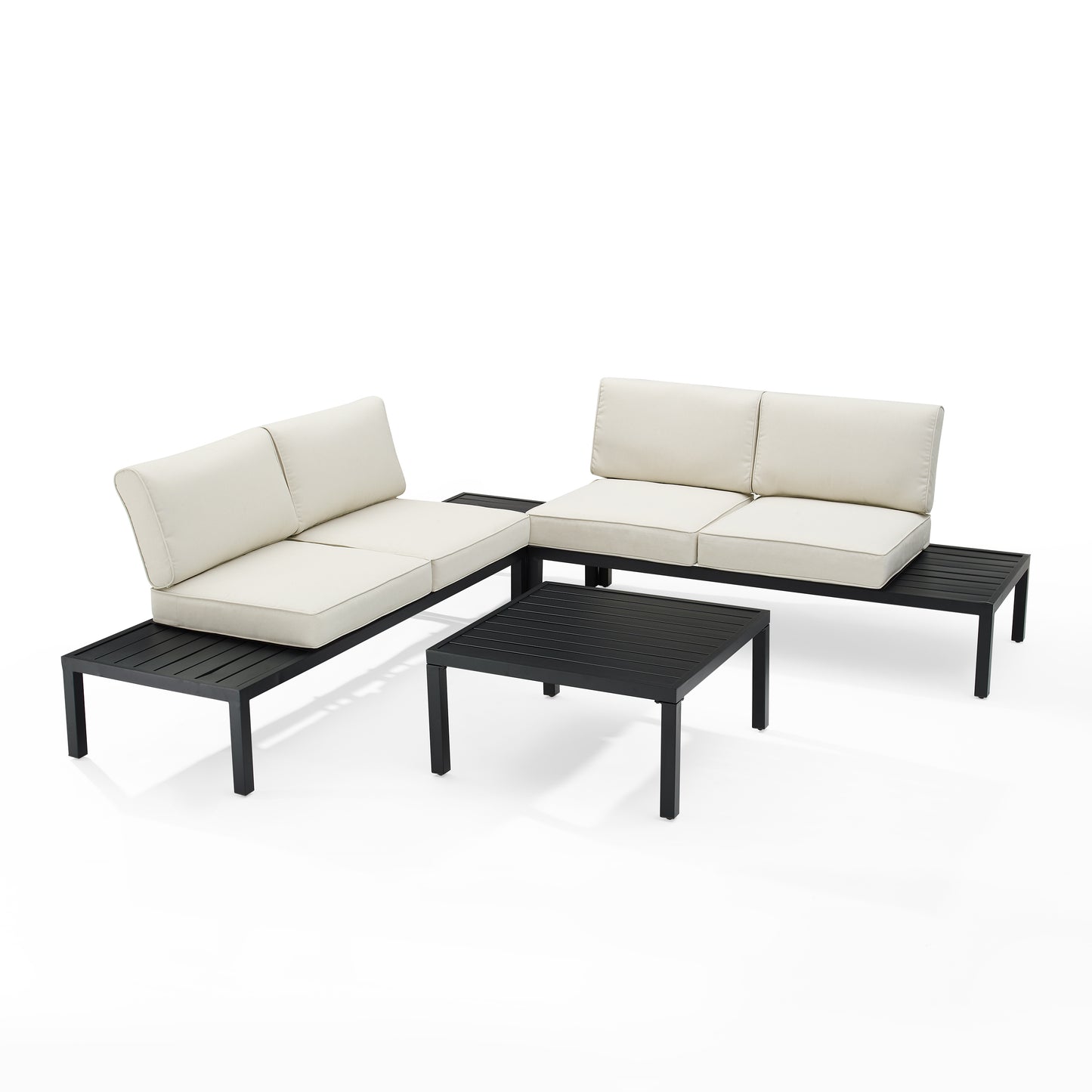 Piermont 4Pc Outdoor Metal Sectional Set Creme/Matte Black - Left Side Loveseat, Right Side Loveseat, Coffee Table & Corner Side Table