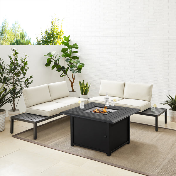 Piermont 4Pc Outdoor Metal Sectional Set W/Fire Table Creme/Matte Black - Left Side Loveseat, Right Side Loveseat, Corner Side Table, & Dante Fire Table