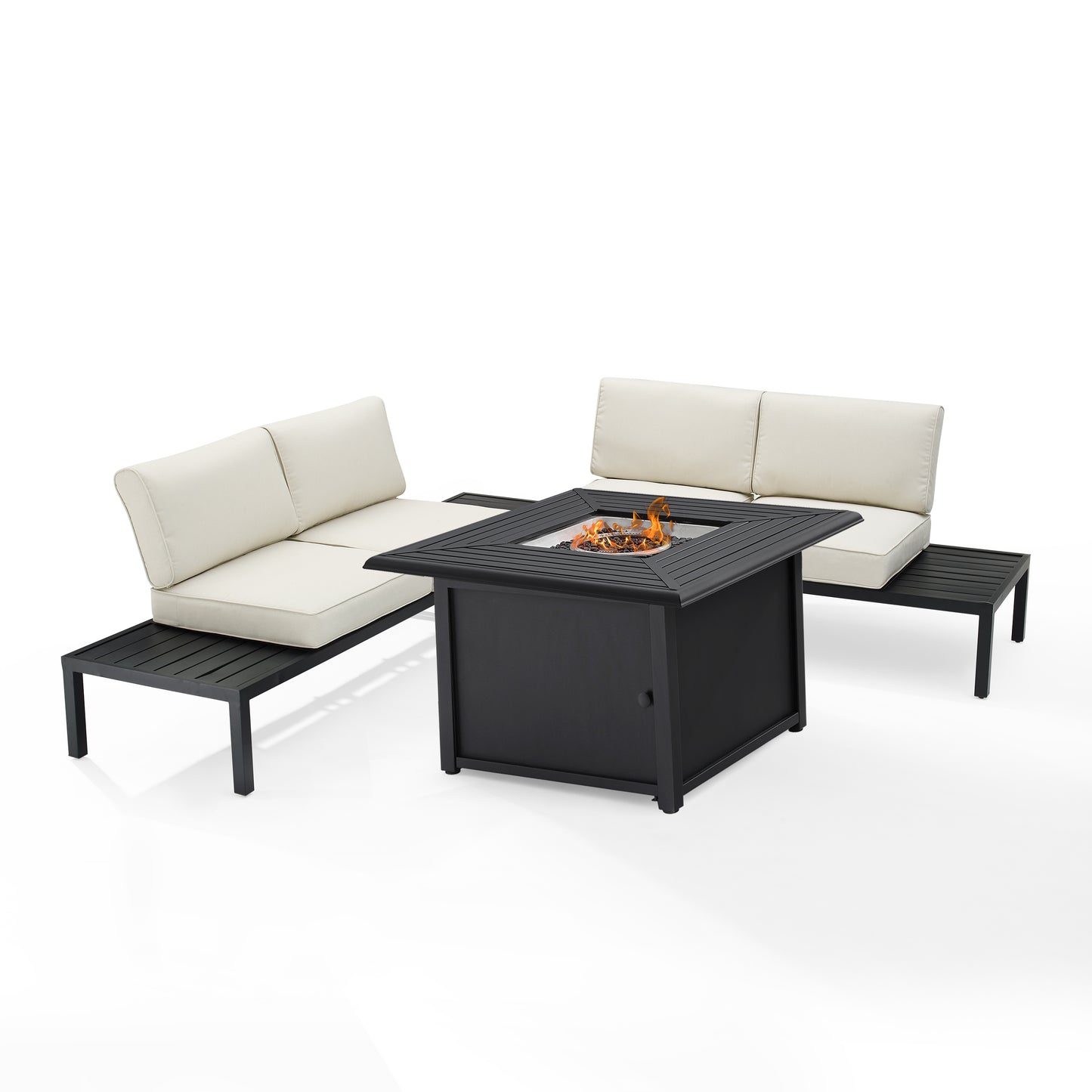 Piermont 4Pc Outdoor Metal Sectional Set W/Fire Table Creme/Matte Black - Left Side Loveseat, Right Side Loveseat, Corner Side Table, & Dante Fire Table