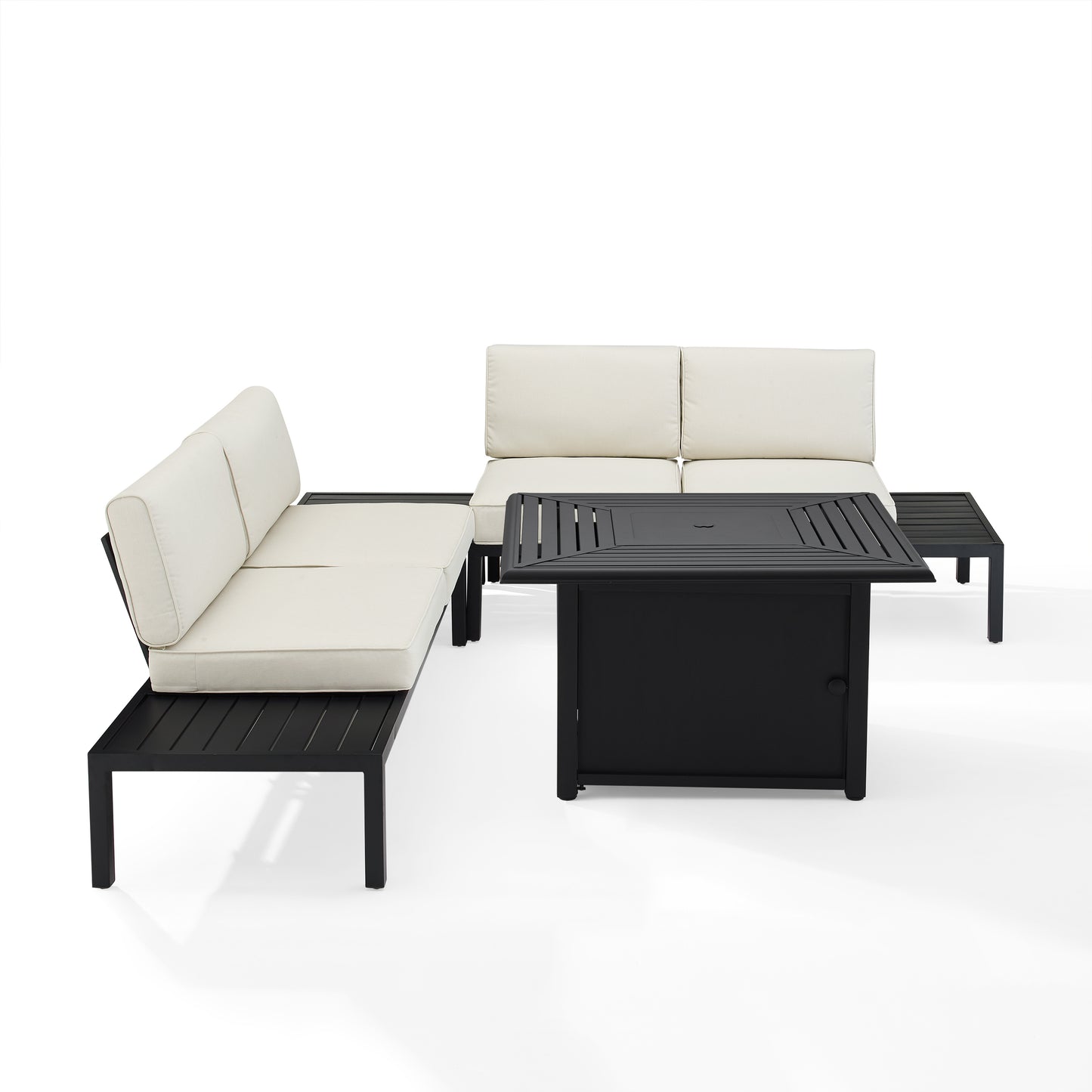 Piermont 4Pc Outdoor Metal Sectional Set W/Fire Table Creme/Matte Black - Left Side Loveseat, Right Side Loveseat, Corner Side Table, & Dante Fire Table