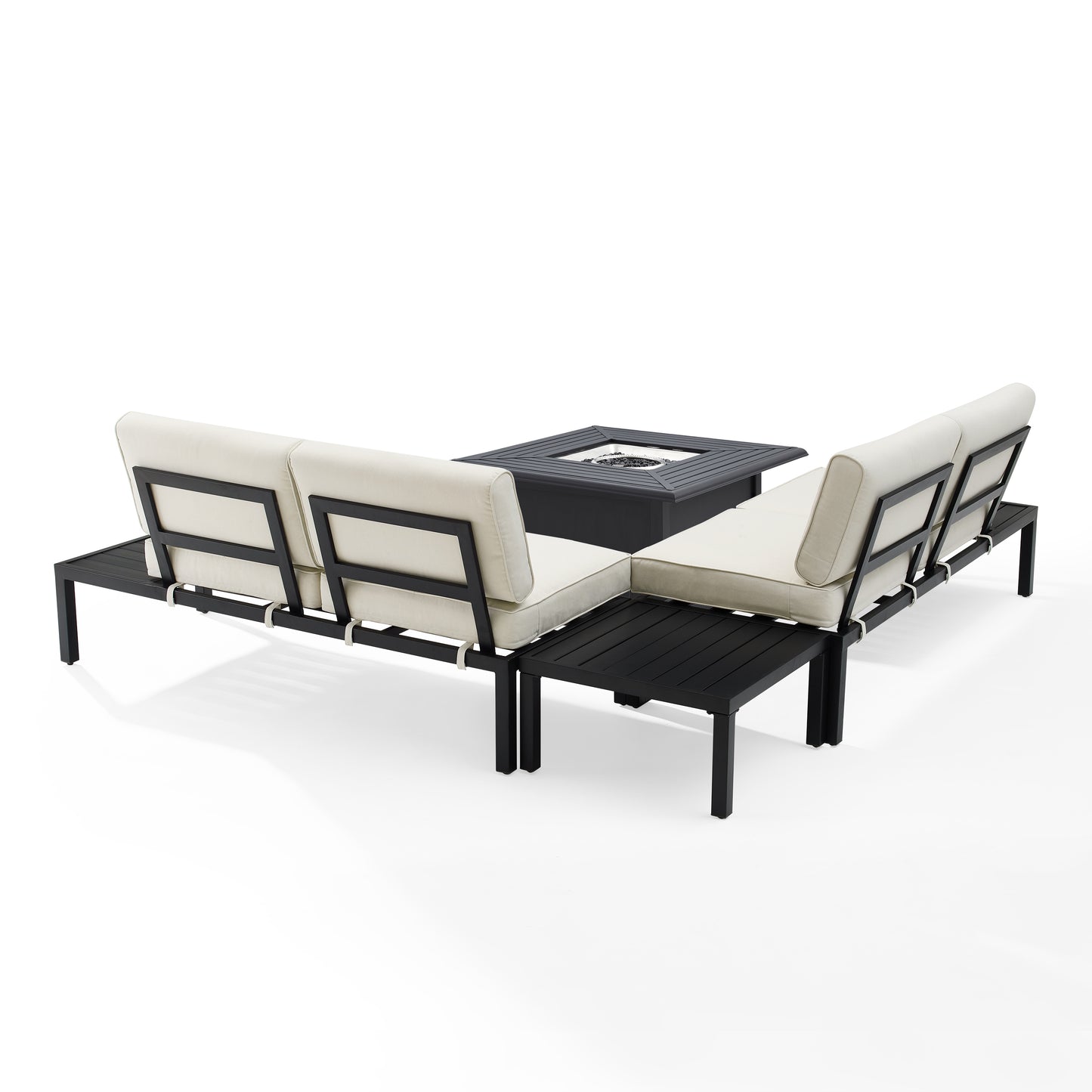 Piermont 4Pc Outdoor Metal Sectional Set W/Fire Table Creme/Matte Black - Left Side Loveseat, Right Side Loveseat, Corner Side Table, & Dante Fire Table